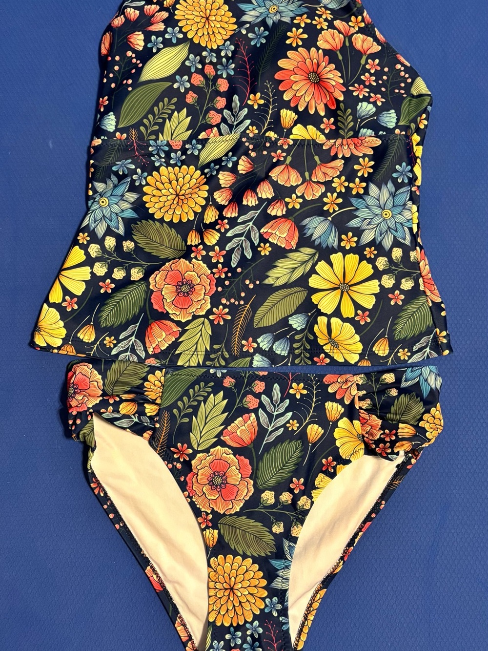 Women’s S Floral Two-Piece Tankini Swimsuit - Navy with Yellow & Orange Flowers